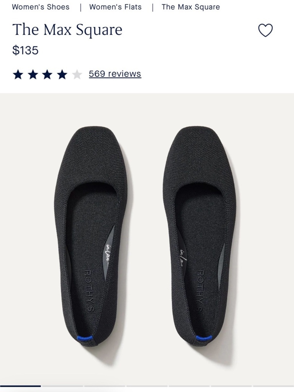 Rothy's The Max Square Women's Flats — Black Brand New Without Box